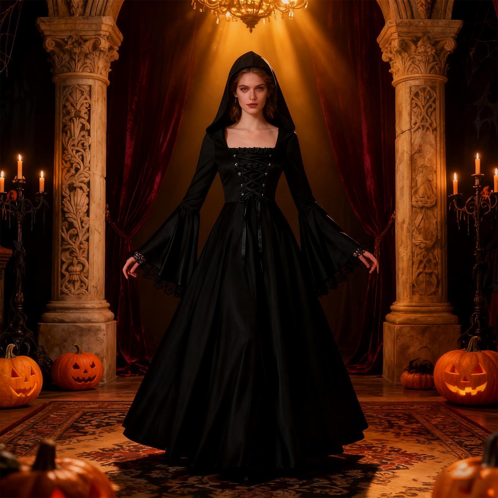 Fantasia de Bruxa de Halloween - Medieval Renaissance Dress Women avaliação e preço